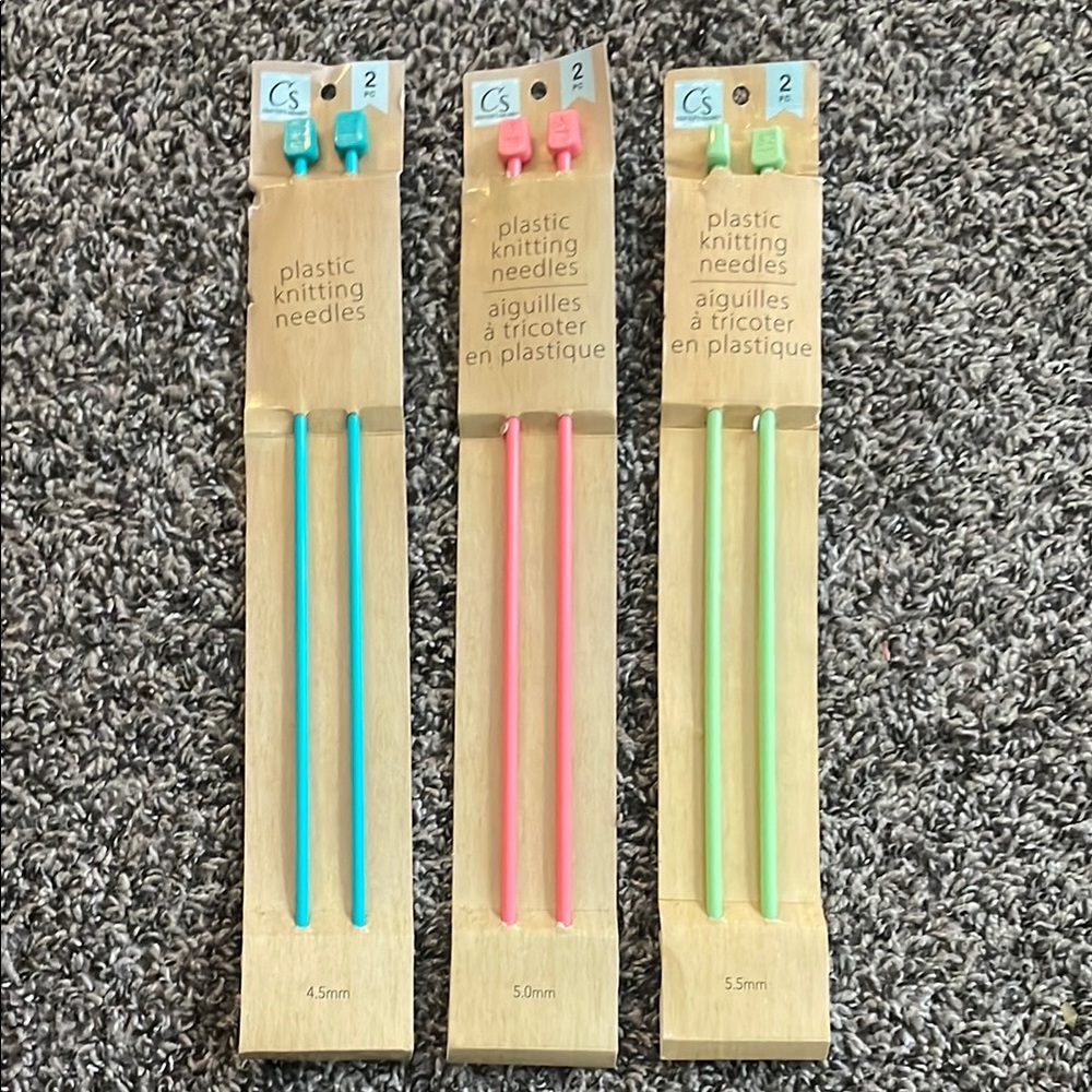 3, 2 piece Set Plastic Knitting Needles All 3 color Sets